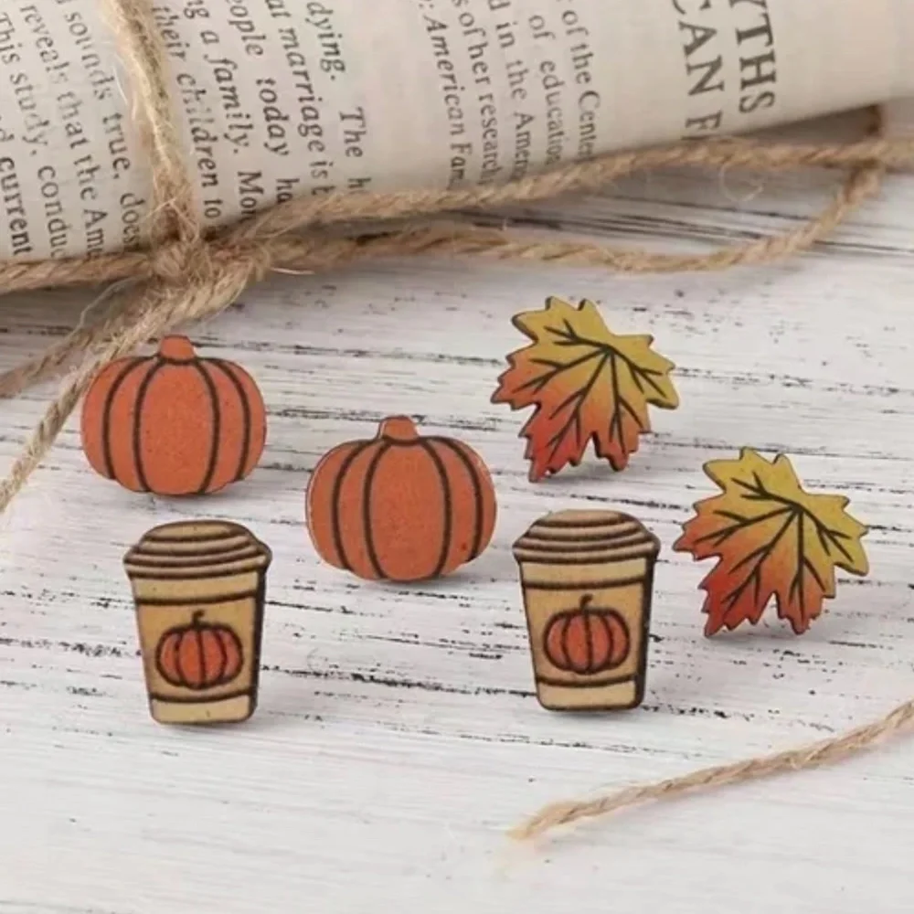 NWT Set of 3 Fall Autumn Wood Earrings: Pumpkin, Leaf and Pumpkin Hot Drink!